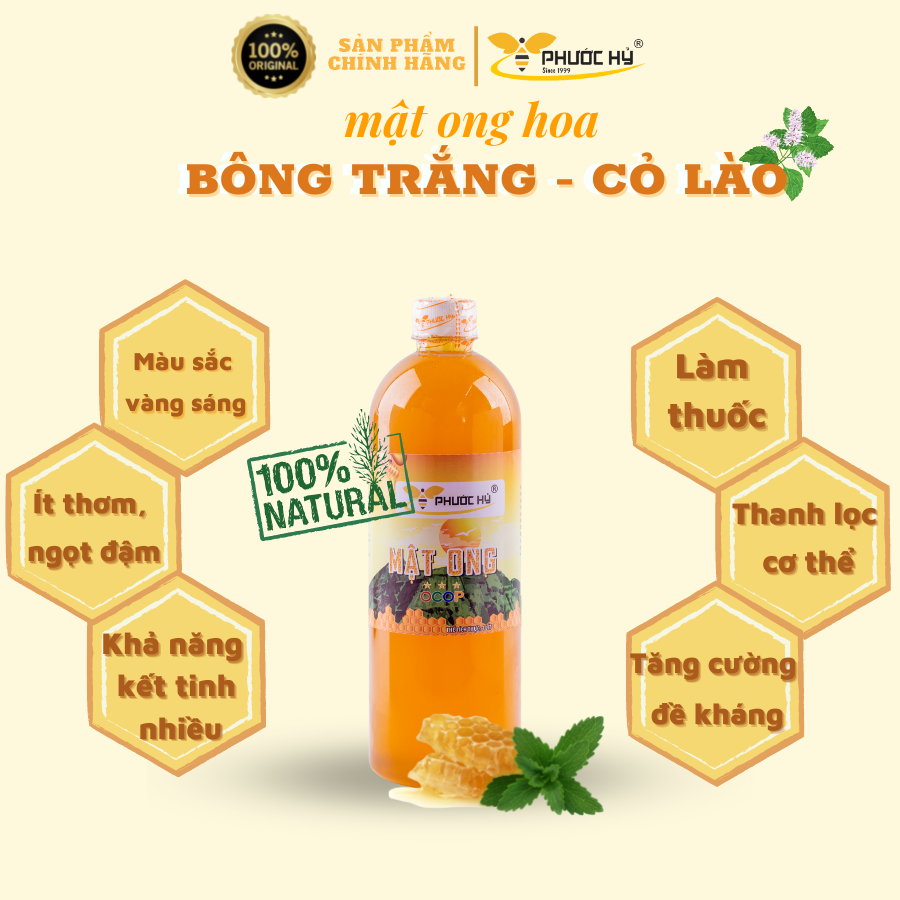 Mật ong nguyên chất Phước Hỷ 1000ml-mật cây bông trắng