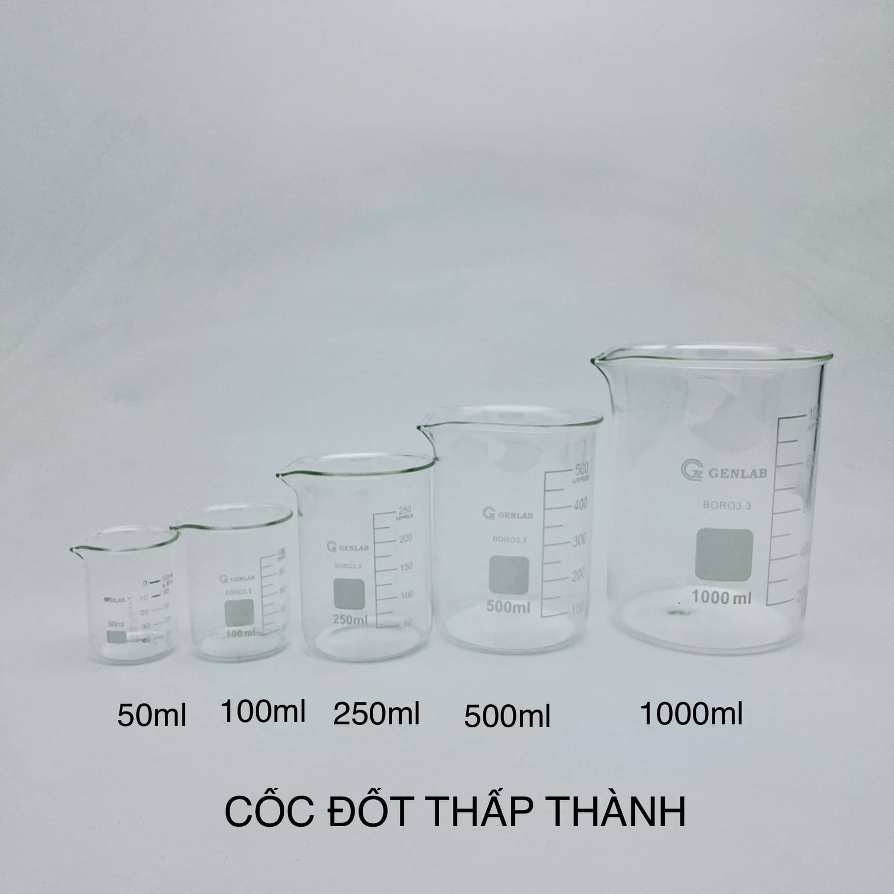 Cốc đong thủy tinh (Thấp thành/cao thành, Genlab, nhiều size)
