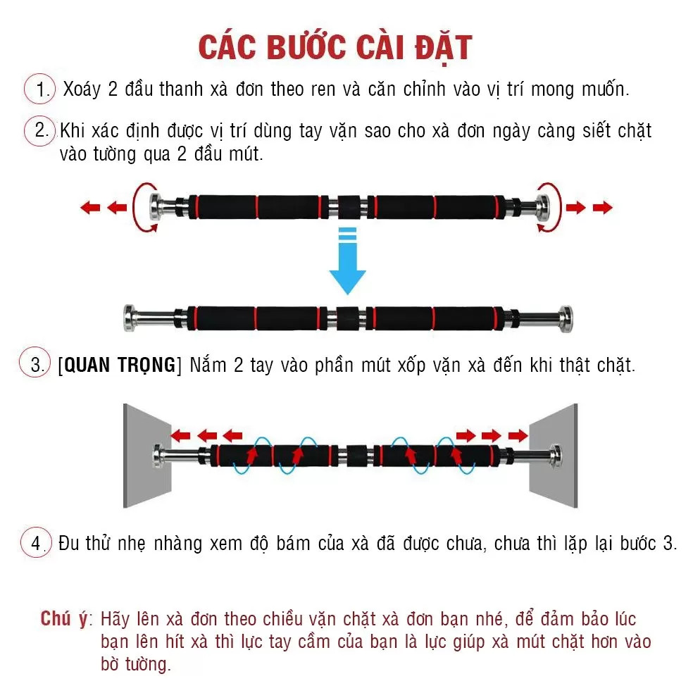 Thanh xà đơn gắn cửa, xà đơn treo tường cửa nhiều cỡ từ 60-130cm phù hợp tập gym thể thao tại nhà tăng cơ bắp