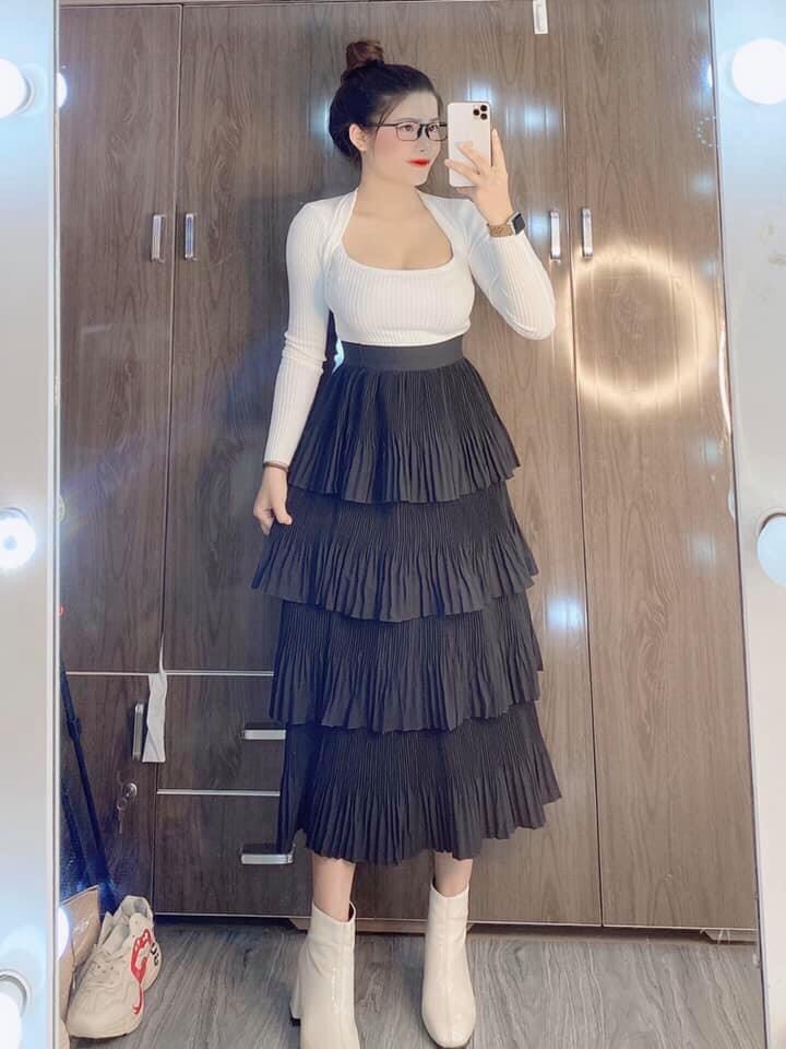 Chân váy nữ dài qua gối Hàn Quốc thời trang 4 tầng nhún cao cấp chất liệu mềm mại Nhật Linh  -  CV247