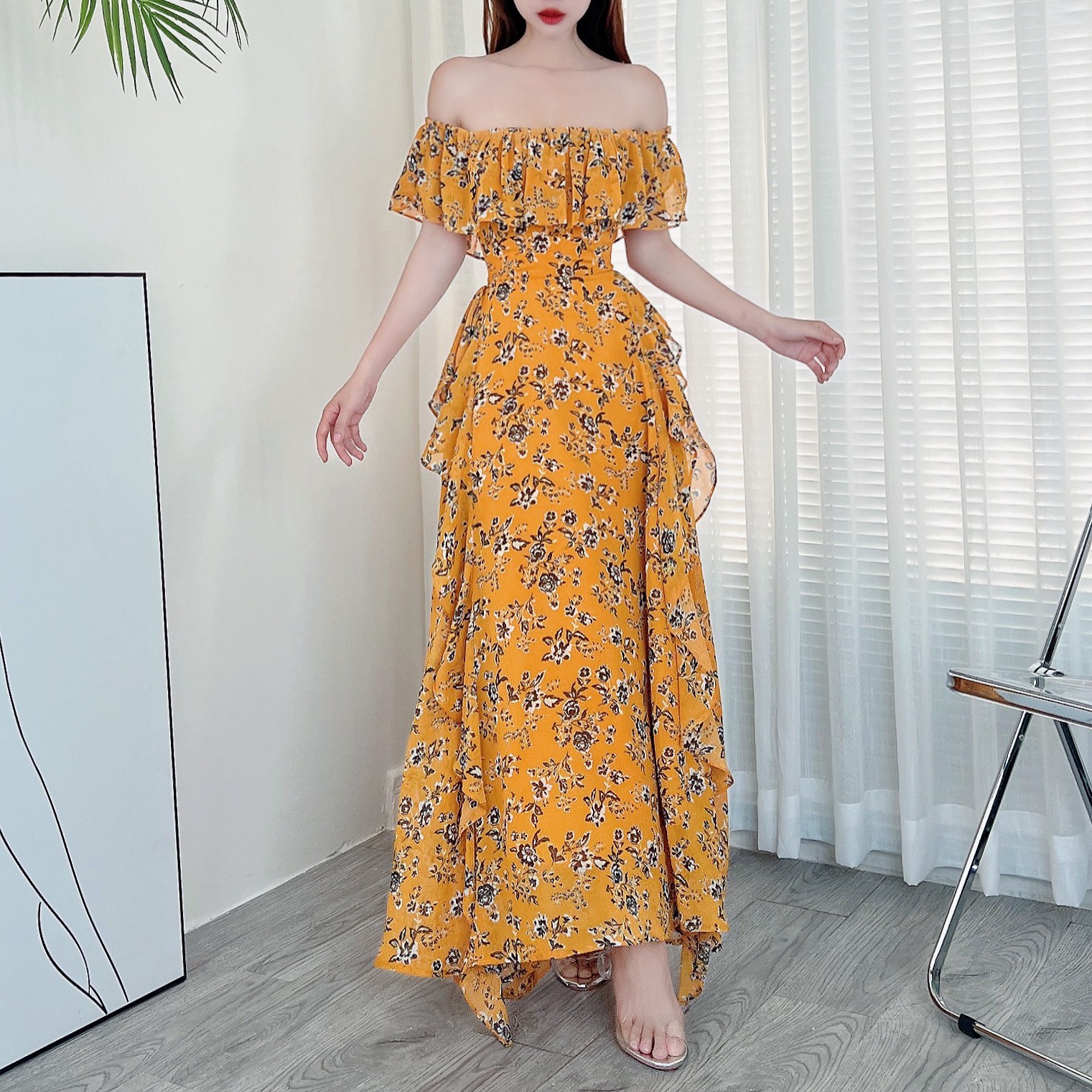 Đầm maxi nữ hoa bèo dọc đuôi cá có thắt eo MIMIX CE5265
