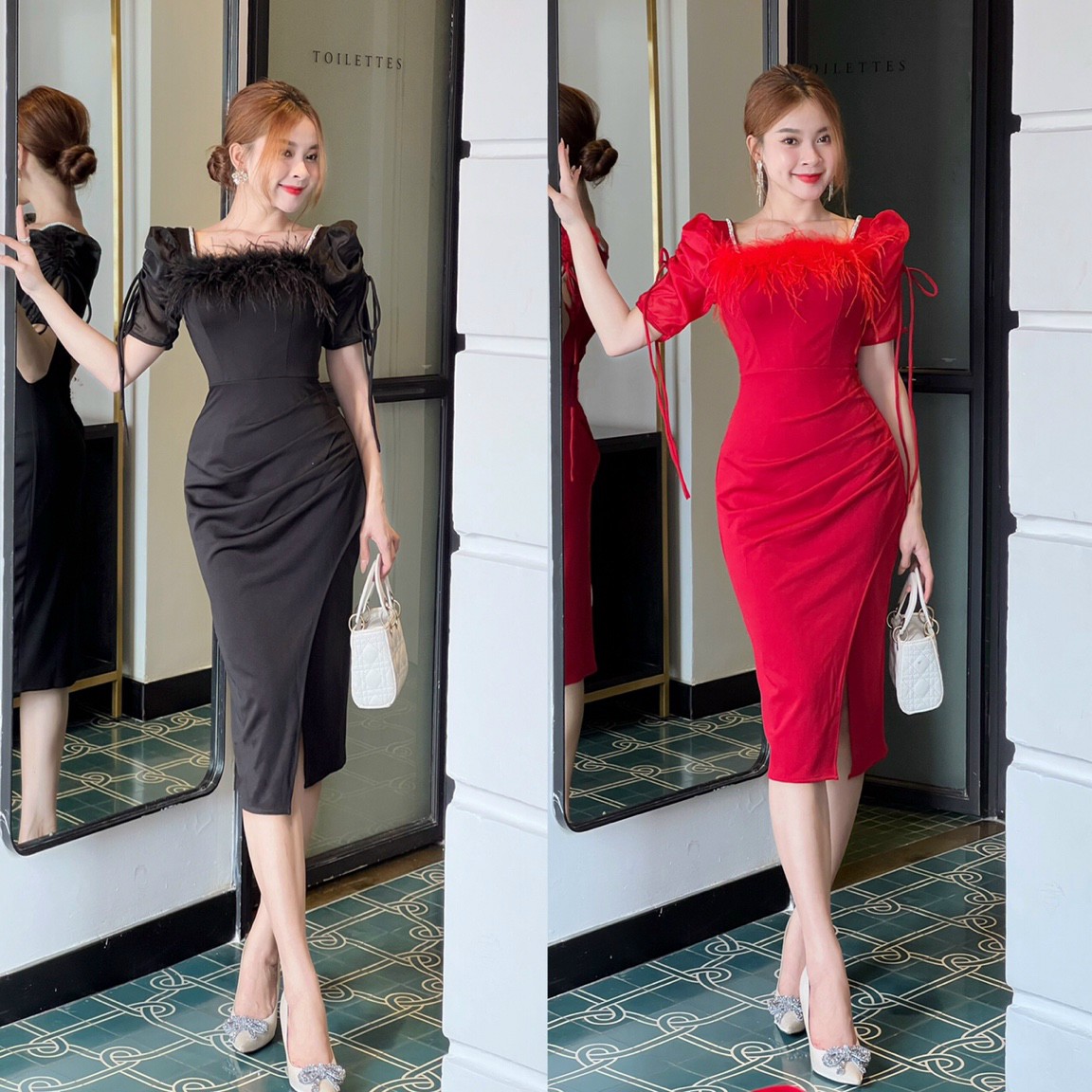 Đầm body đính pha lê lông vũ - YB230404
