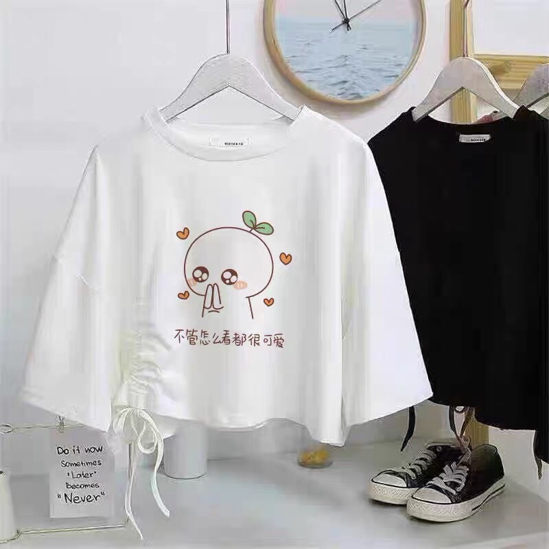 QUẦN ÁO NỮ, SET ÁO THUN CROPTOP RÚT DÂY IN HÌNH CUTE NGỘ NGHĨNH