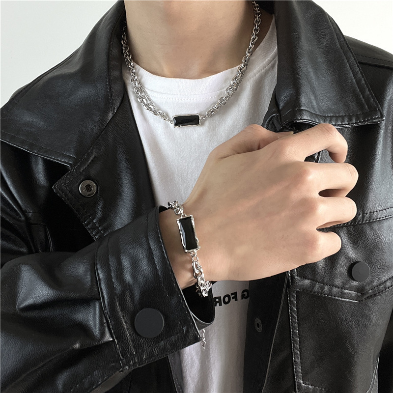 Combo dây chuyền và lắc tay nam 2 lớp đính đá đen cực chất
