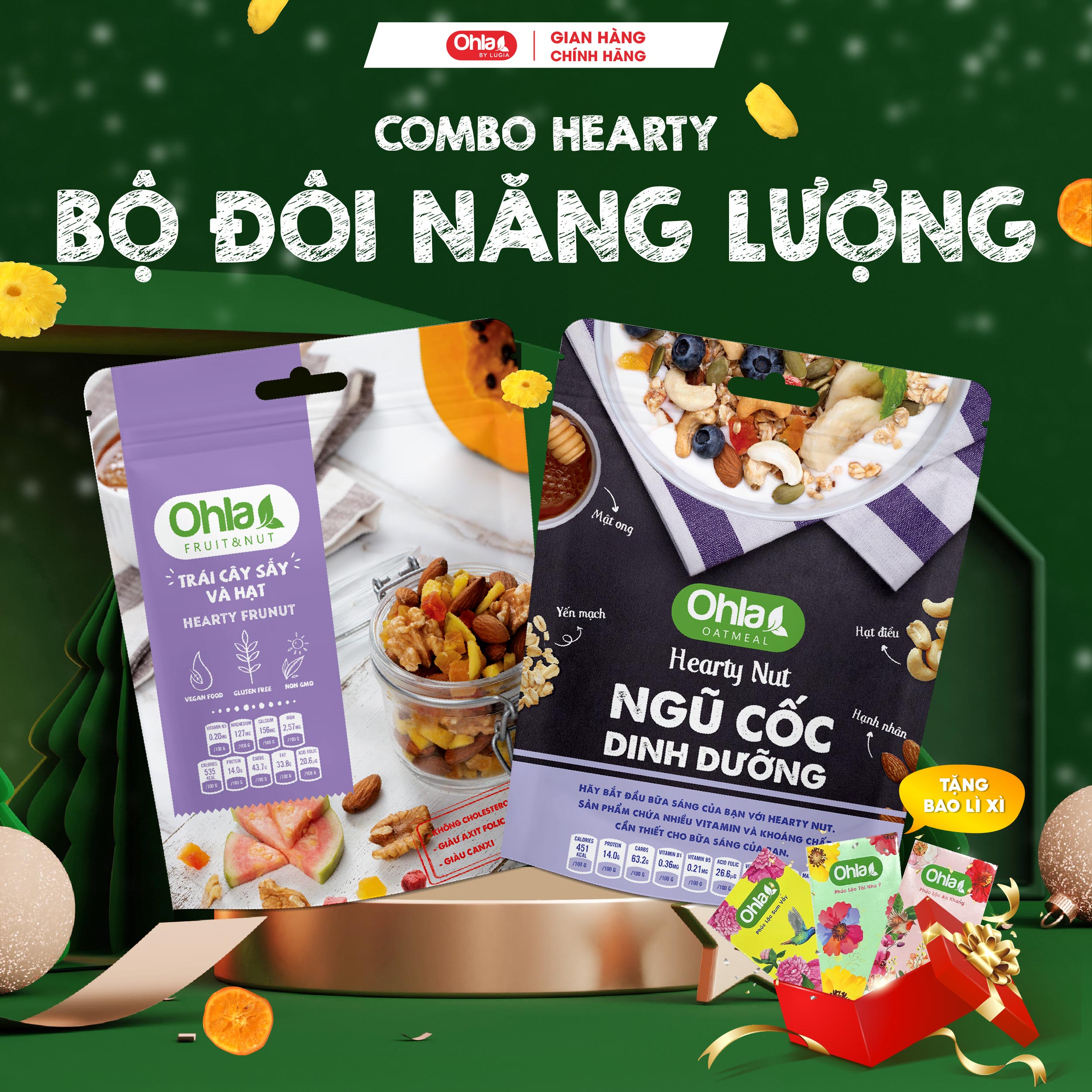 COMBO Bộ đôi năng lượng Hearty ( 1 NCDD Hearty 180gr và 1 Trái Cây Sấy Mix Hạt Hearty 100gr)