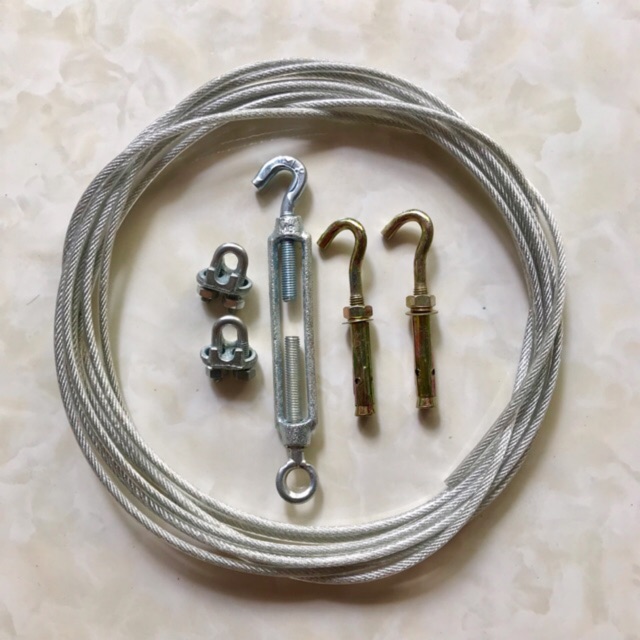 Combo dây phơi cáp lụa bọc nhựa 5mm (Dây phi 5 - 2 Nở móc 8 - 1 Tăng đơ 8 - 2 Khóa cáp 6 )