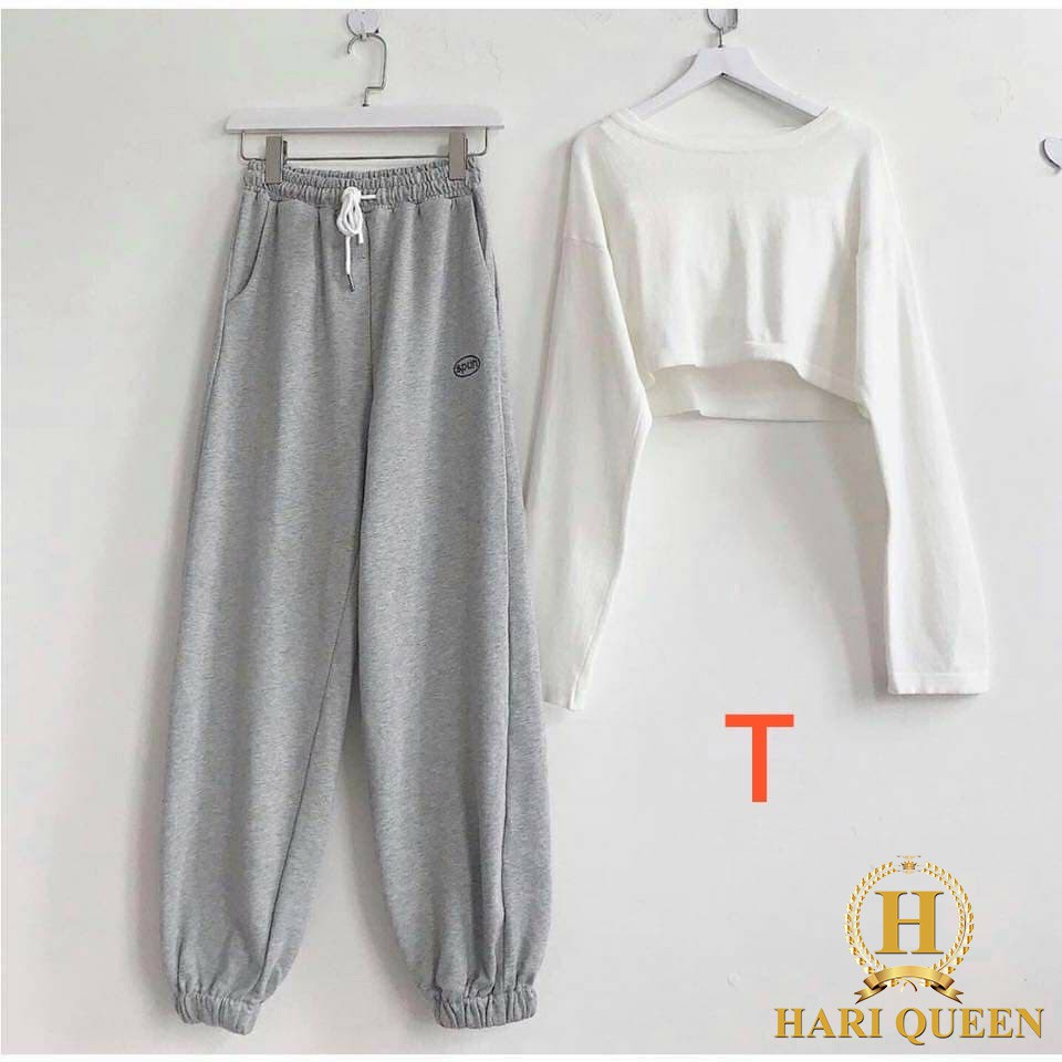 Sét quần spun + áo croptop trơn dài tay dtr0520