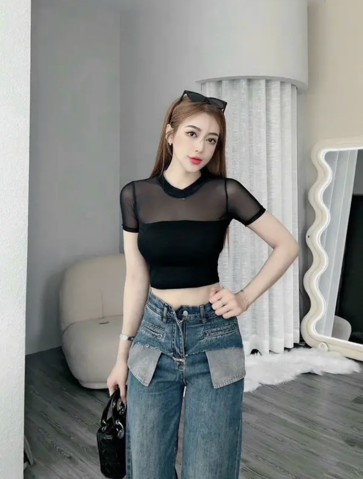 Áo croptop tay ngắn phối lưới A345, áo thun lưới
