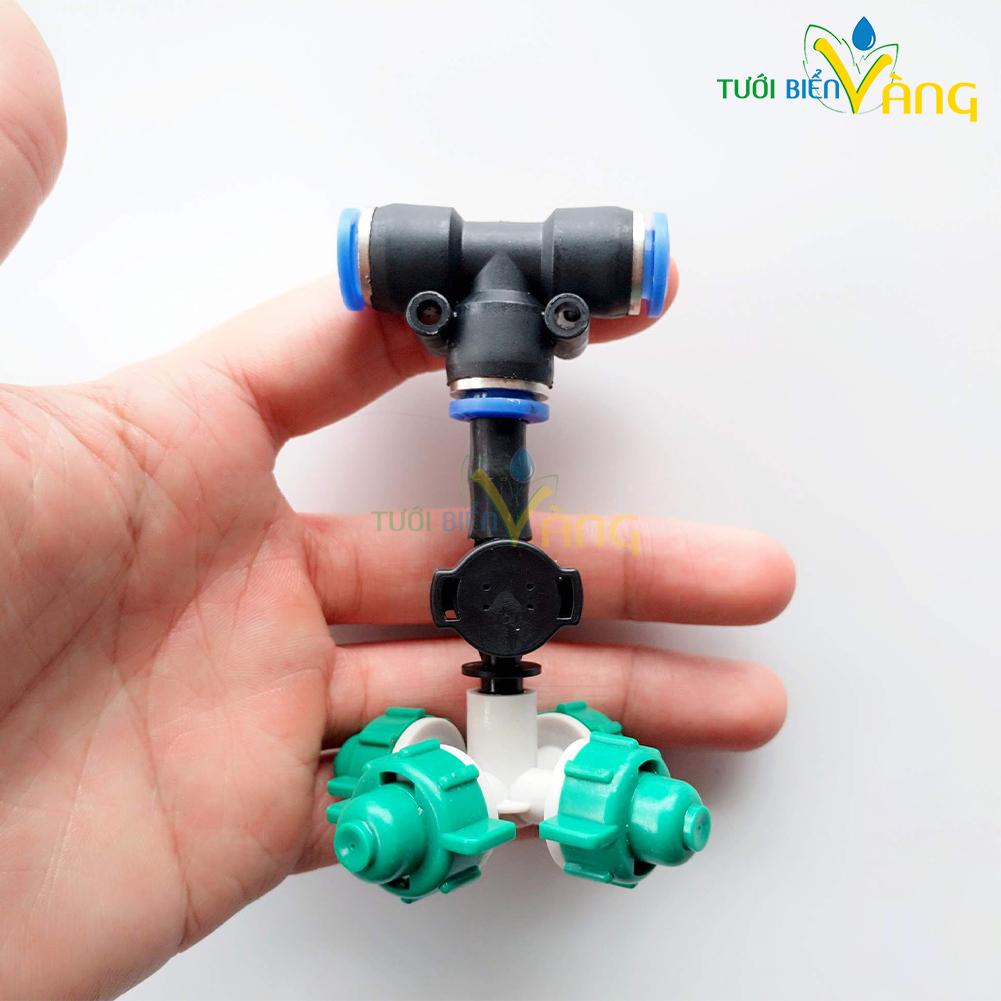 Béc phun sương 4 hướng kèm chân tê ống hơi 10mm có van áp - Combo 6 bộ