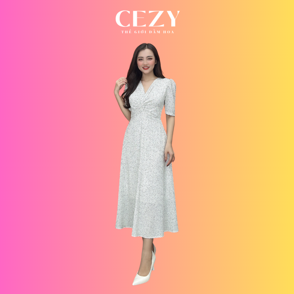 Đầm chấm bi cổ tim xoắn ngực dáng xòe dài có size bigsize CEZY D186