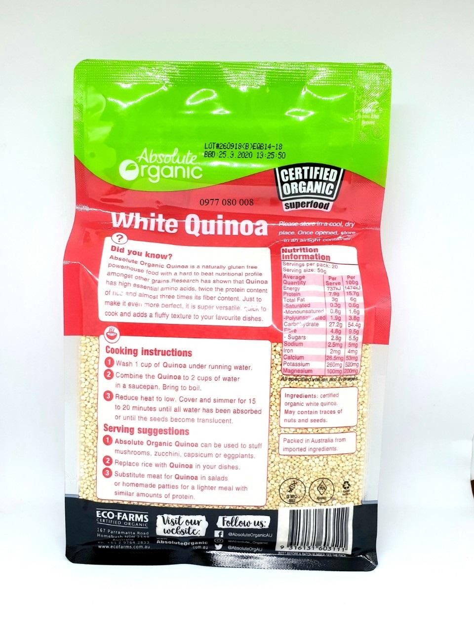 Hạt Diêm Mạch Trắng Absolute Organic White Quinoa 1kg