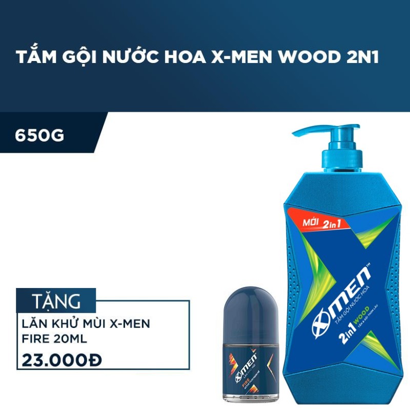X Men -   Tắm Gội Nước hoa X-Men Wood 2n1 650g (Tặng Lăn khử mùi X-Men Fire 20ml)  - Giá Sỉ cao cấp