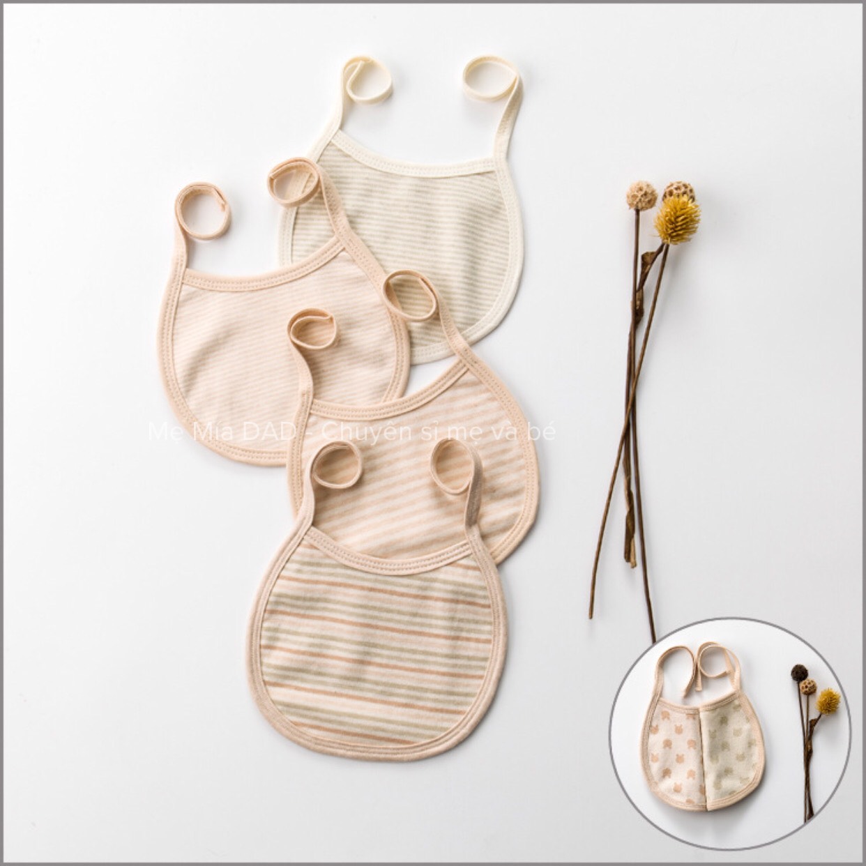 Khăn yếm tròn cotton hữu cơ tự nhiên 100%, cột dây cho bé