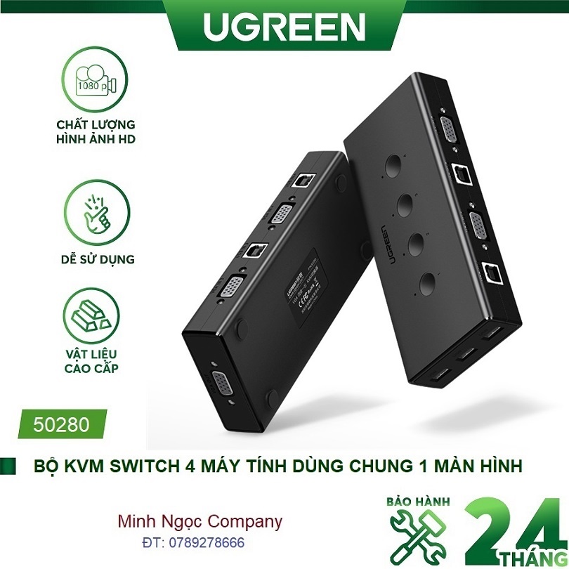 Bộ chuyển tín hiệu vga 4 máy tính dùng chung 1 màn hình kvm switch ugreen 50280 cao cấp