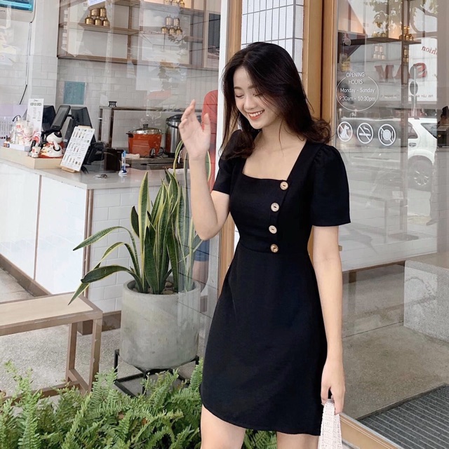 [HCM]Đầm cổ vuông nút dừa 3 màu