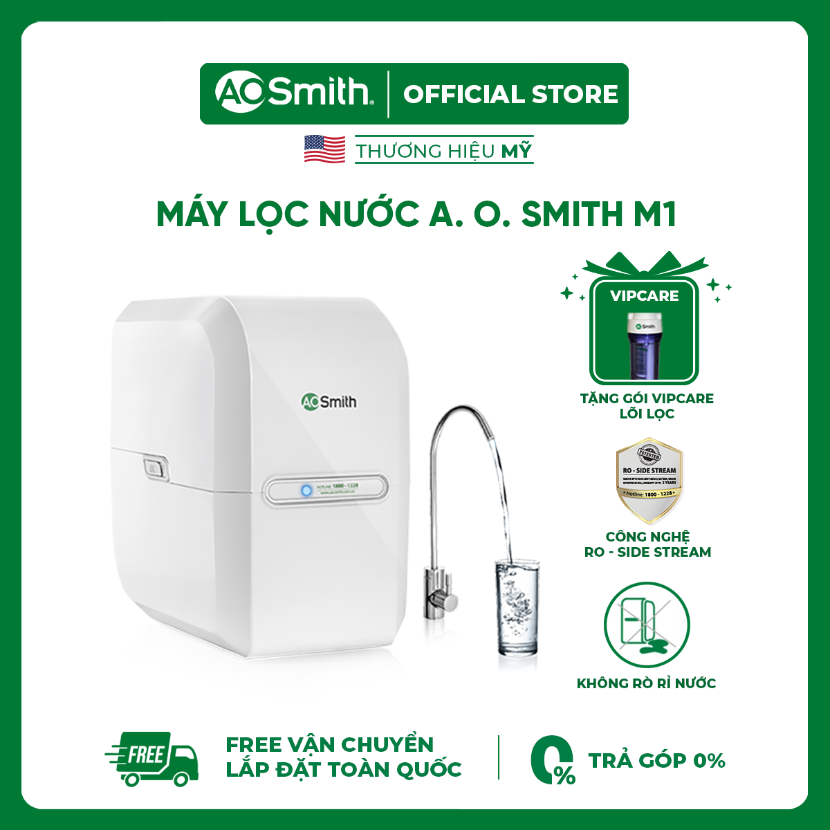 Máy lọc nước a. o. smith m1 - tặng gói thay thế lõi lọc - ro side stream bản quyền mỹ - tuổi thọ ro 3 năm - bảo hành 12 tháng - free shipping