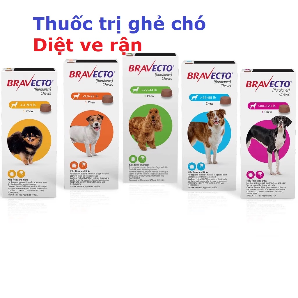 (Hàng công ty)- Bravecto 5 size Thuốc trị ve, bọ chét, viêm da, ghẻ máu demodex cho chó