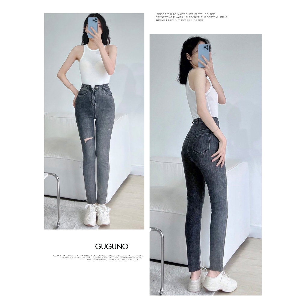 Quần jeans nữ skinny dáng ôm lưng siêu cao trơn basic GUGUNO