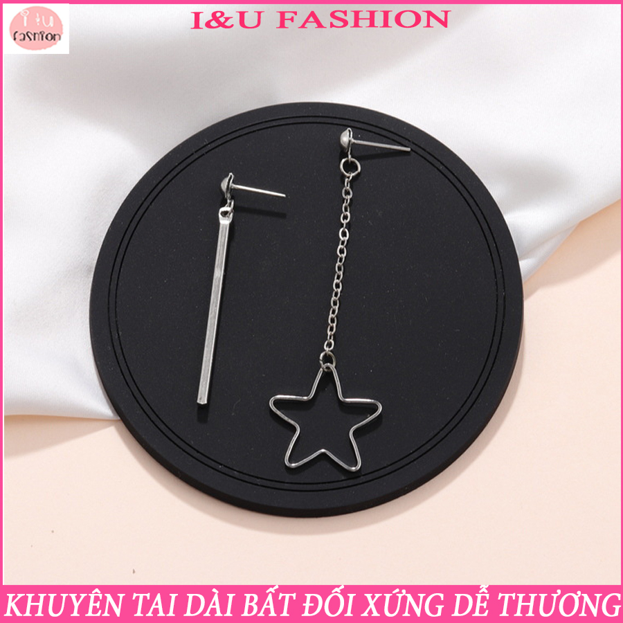 Khuyên tai dài bất đối xứng thanh dọc và ngôi sao 5 cánh màu Bạc dễ thương cá tính cho nữ , Bông tai trang sức Hàn Quốc độc đáo KT-65