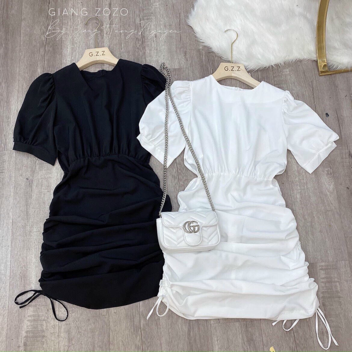 Đầm nữ cổ tròn rút 2 dây hồng