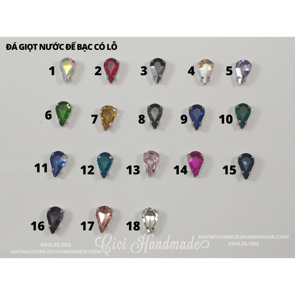 Set 10 hạt đá giọt nước đế bạc có lỗ khâu (màu 1-16) Cici Handmade chuyên hạt đá hạt pha lê hạt cườm hạt trang sức tự là