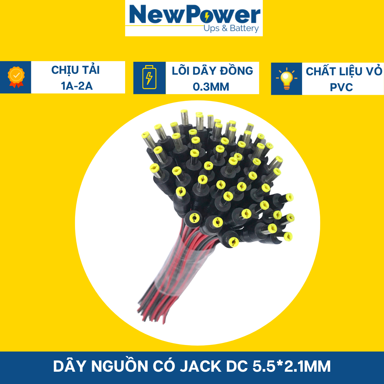 Dây nguồn có jack DC 5.5*2.1mm chịu tải 1V-2A (combo 4 dây đực)