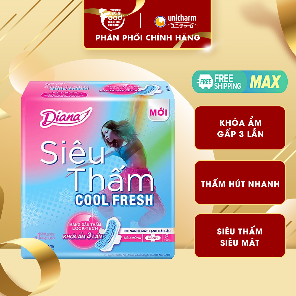Băng vệ sinh diana siêu thấm cool fresh có cánh - 8 miếng