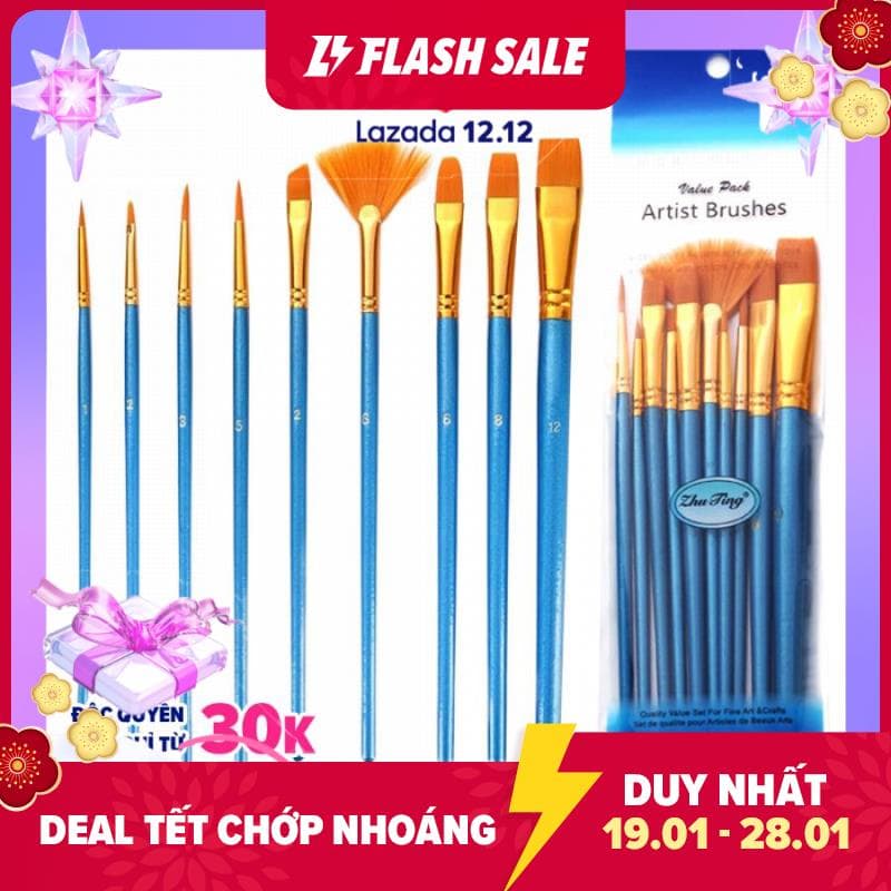Bộ 10 cọ vẽ màu nước, sơn dầu chuyên nghiệp , đầu sợi nylon với tay cầm bằng gỗ , kiến tạo những bức họa đỉnh cao - B54