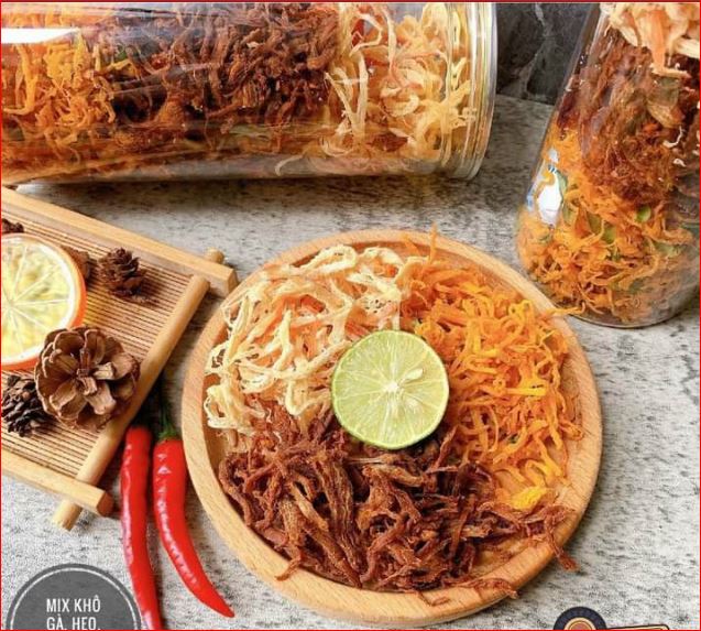 Mix 3 Vị Khô gà - Khô mực - Khô Heo - Lon Pet 300gr thơm ngon bắt vị ăn vặt cực ngon