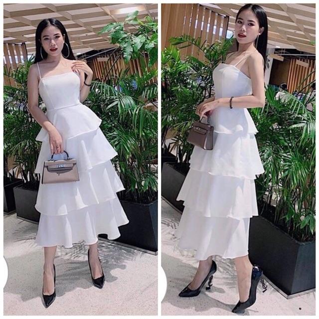 [HCM]Đầm hai dây Maxi trắng 4 tầng