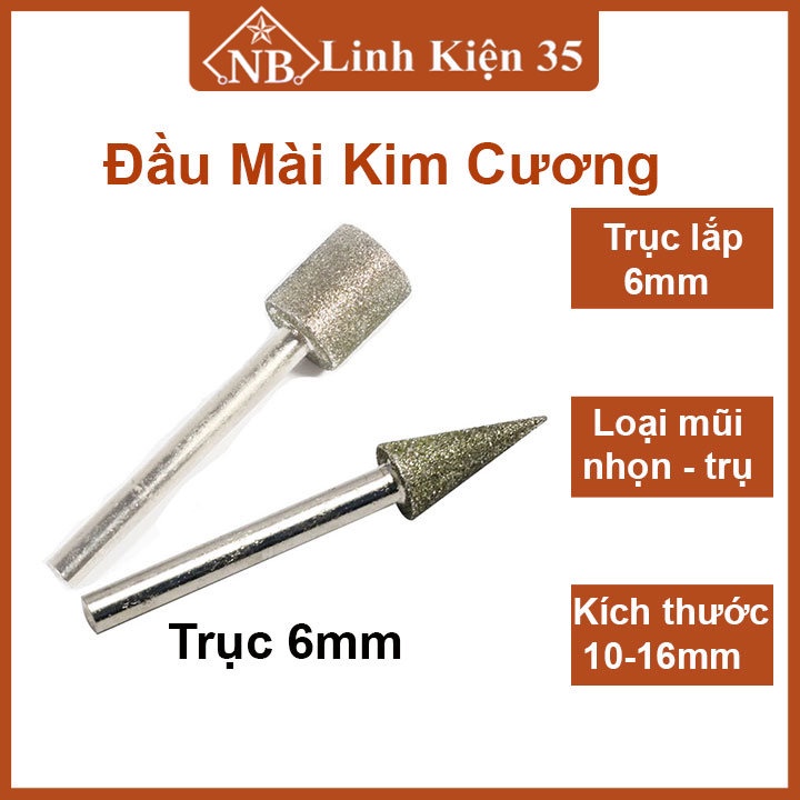 Đầu mài kim cương mũi trụ, nhọn siêu cứng trục 6mm