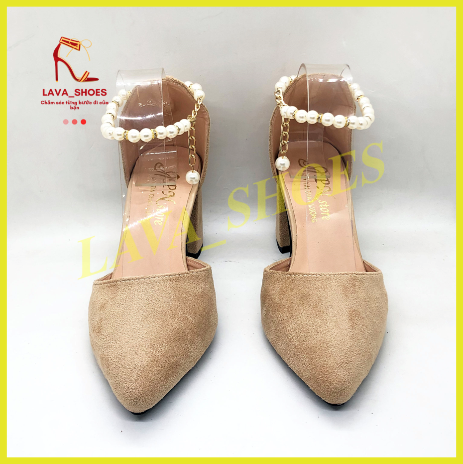 Giày Cao Gót Vuông 7p Bít Mũi Cổ Chuỗi Lz-098