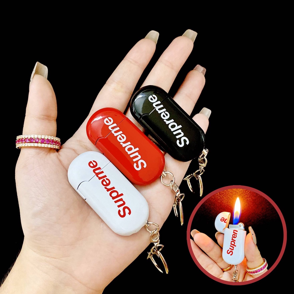 Hột quẹt bật lửa móc khóa SUPREME ga đá rãnh tay mini