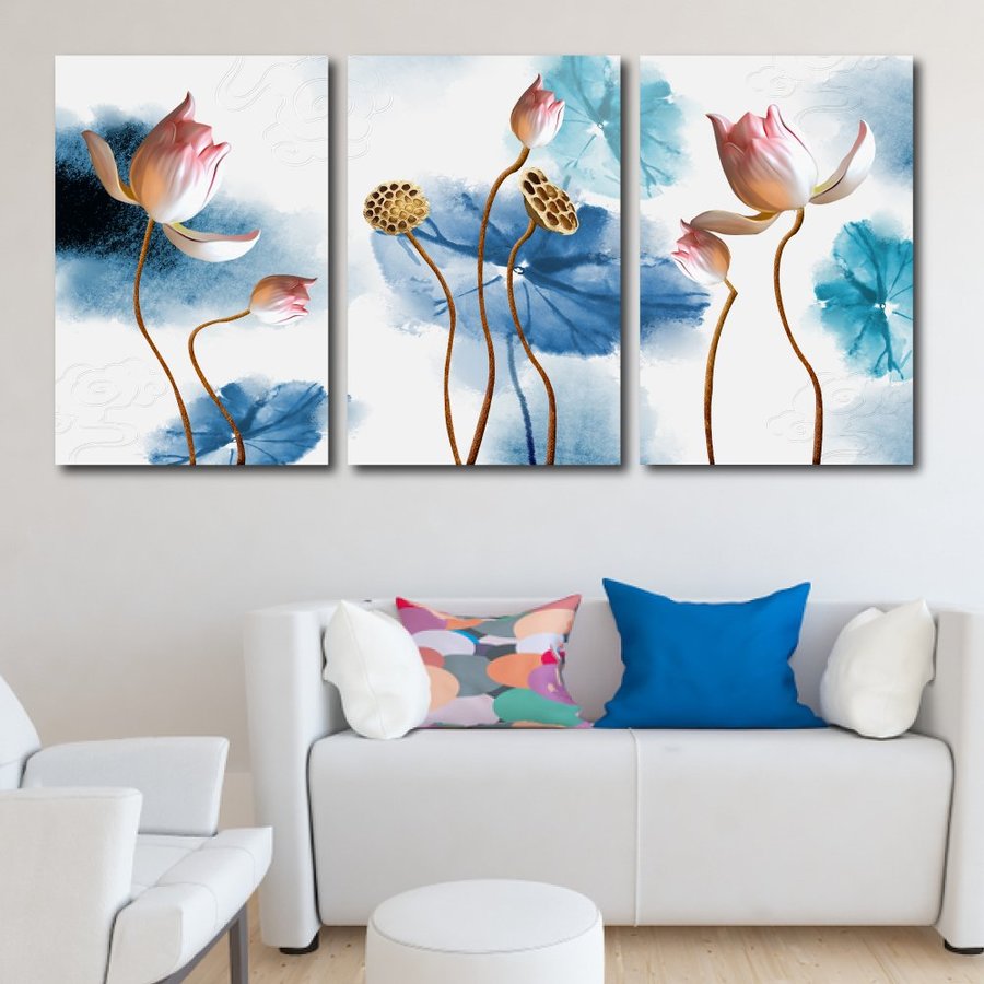 LaLaShop - Bộ 3 tấm tranh treo tường phòng khách tranh hoa sen phật treo tường có khung gỗ set 3 tấm tranh treo tường treo phòng thờ decor phòng khách tranh 3d hiện đại