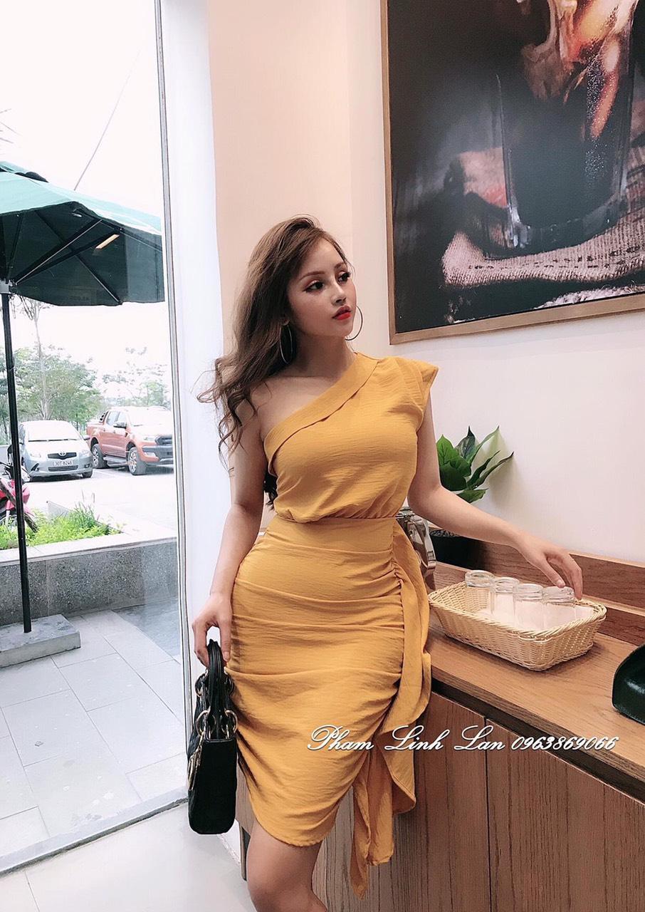 Sét đầm body xéo vai chất cát hàn-QH