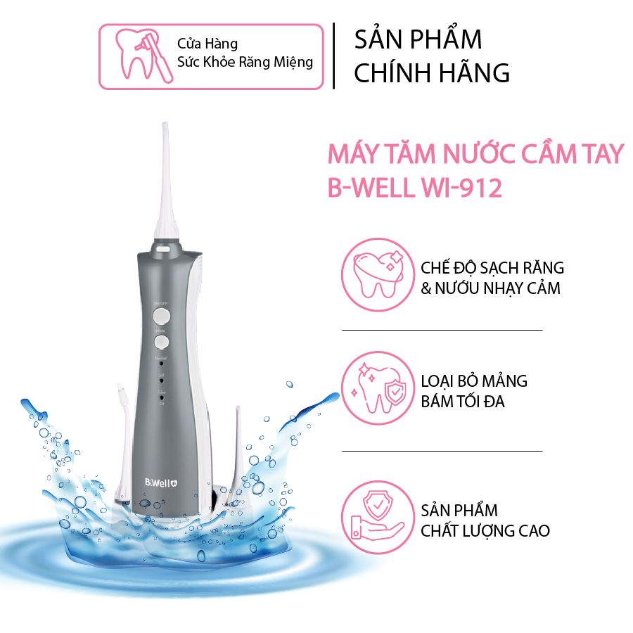 Máy Tăm Nước Cầm Tay Vệ Sinh Răng Miệng Từ Thụy Sỹ B-WELL WI-912 Với Phiên Bản Cải Tiến 5 Đầu Tăm Phun Nước Chuyên Dụng