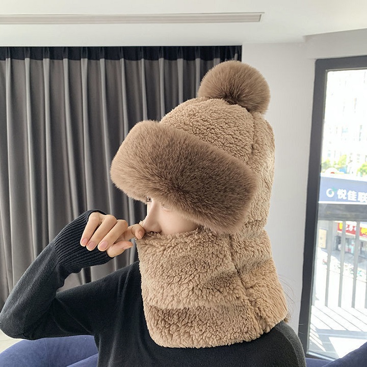 Mũ len nữ lông cừu liền khăn ấm áp cho mùa đông