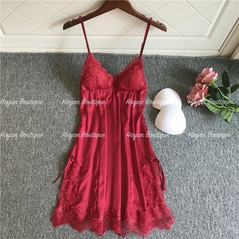 HT6 Váy ngủ sexy lụa xẻ hông phối ren tặng chip, Đầm ngủ lụa gợi cảm, Đồ ngủ 2 dây HT6