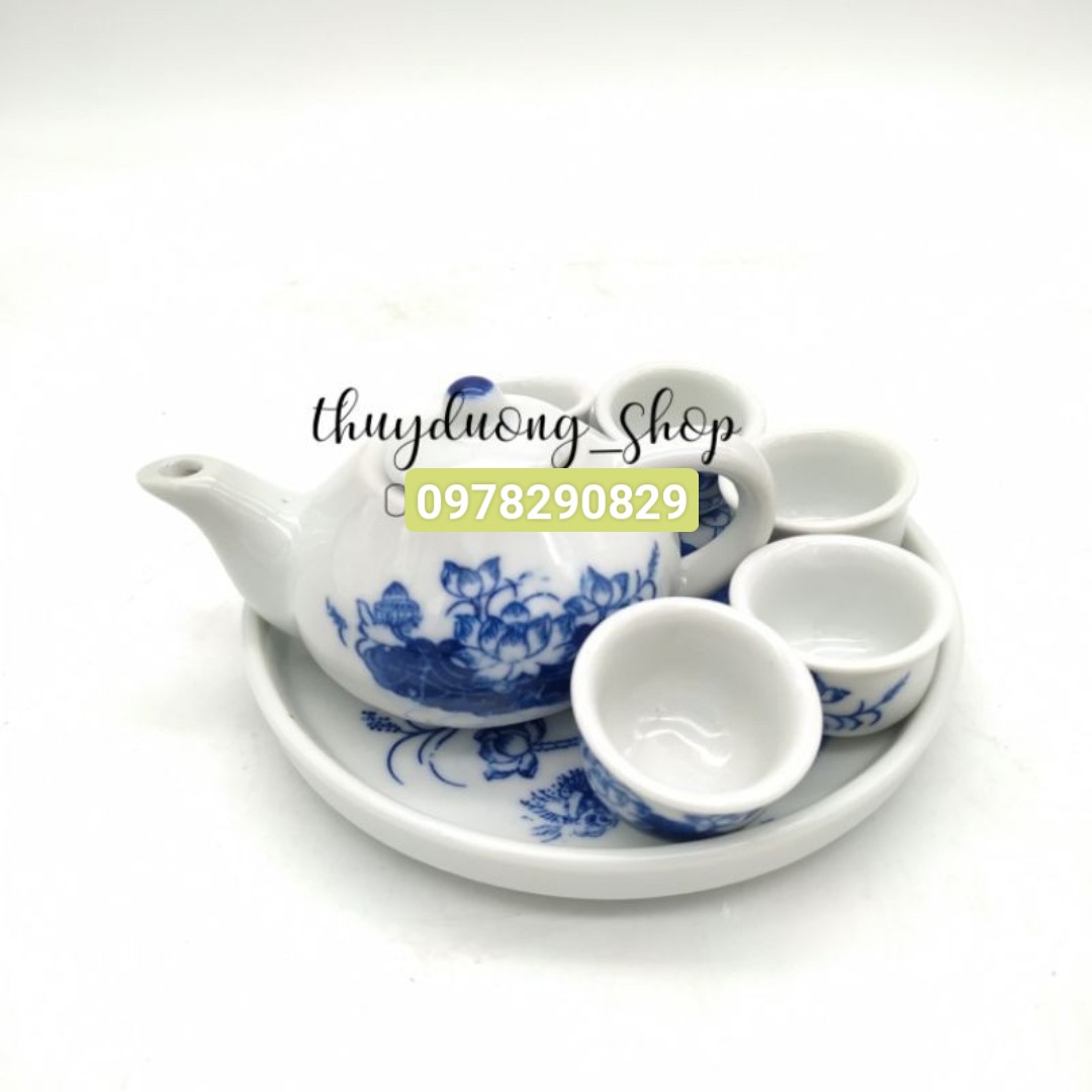 Bộ ấm trà thờ men lam bát tràng cỡ to
