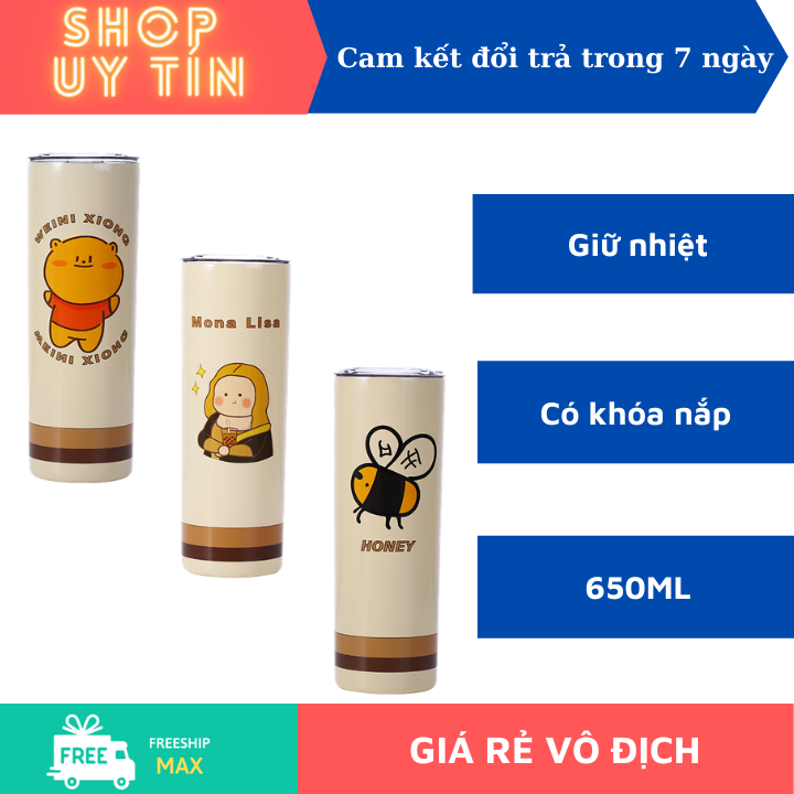 Ly giữ nhiệt cute - Ly giữ nhiệt hình lon cute- Ly coffee cute - Bình gữ nhiệt 650ml, có nắp và tặng kèm ống hút