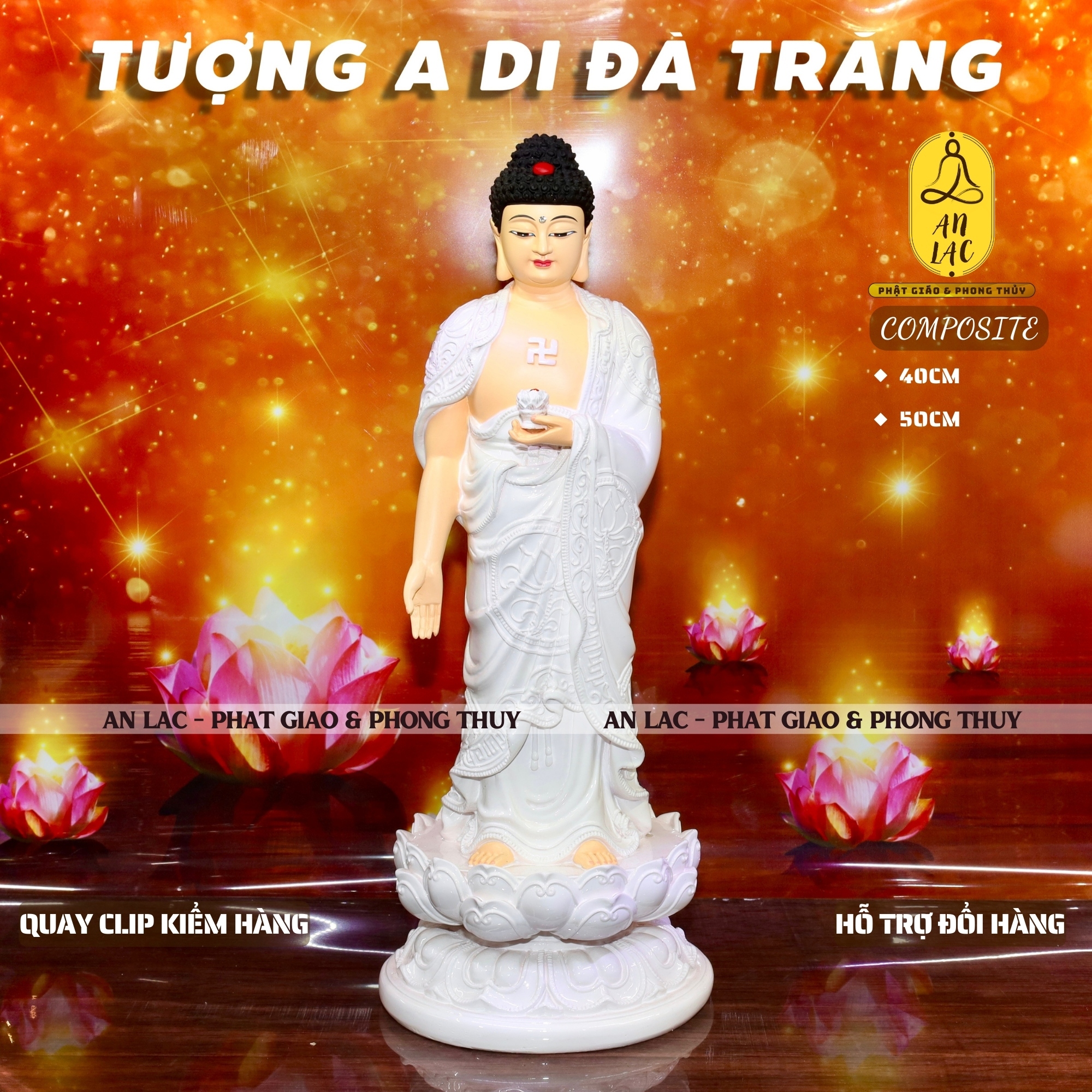 TƯỢNG A DI ĐÀ ĐỨNG COMPOSITE MÀU TRẮNG 40CM & 50CM