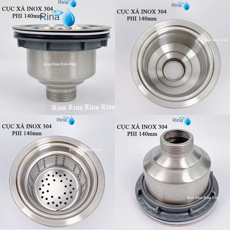 Bộ xả chậu rửa chén đôi inox304 phi 140 bộ xi phông chậu rửa chén 2 hộc phi 140 rina