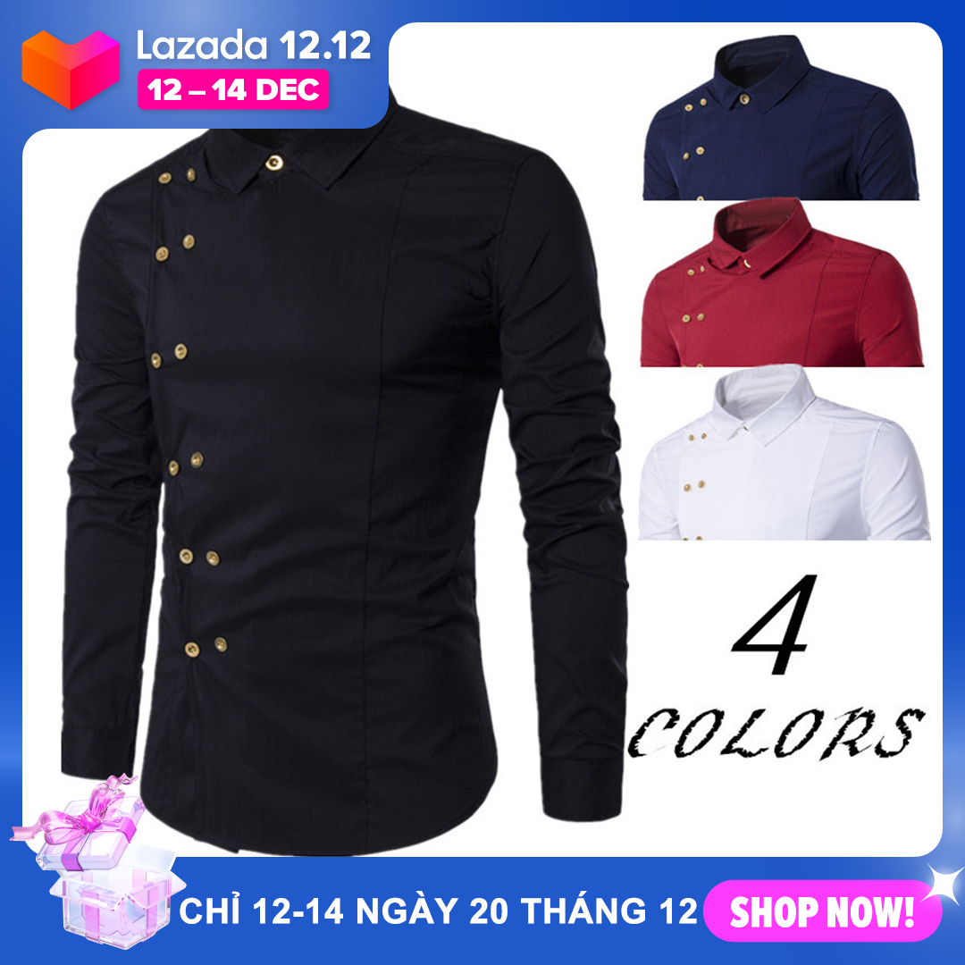 Men Long Sleeve Turn Down Collar Diagonal Double-breasted Buttons Cotton Shirt