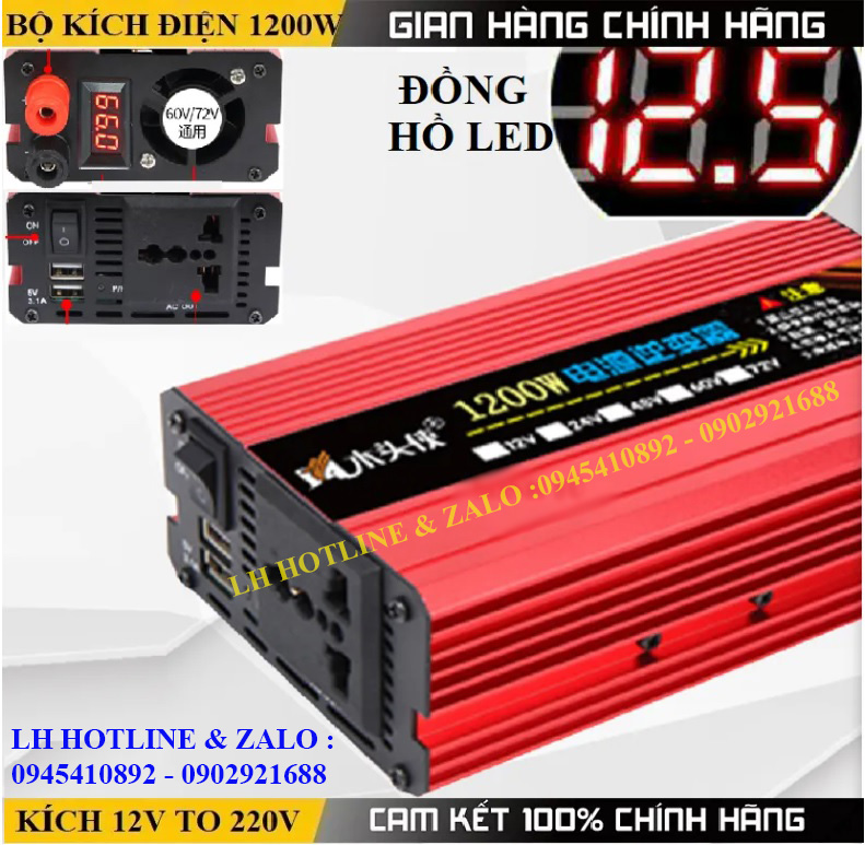 Bộ đổi nguồn điện, bộ kích điện 12v, 24v, 48v, 60v, 72v lên 220v 1200w inverter