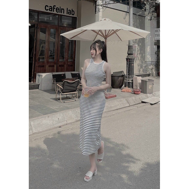 Đầm body sọc ba lỗ dài thun co giãn