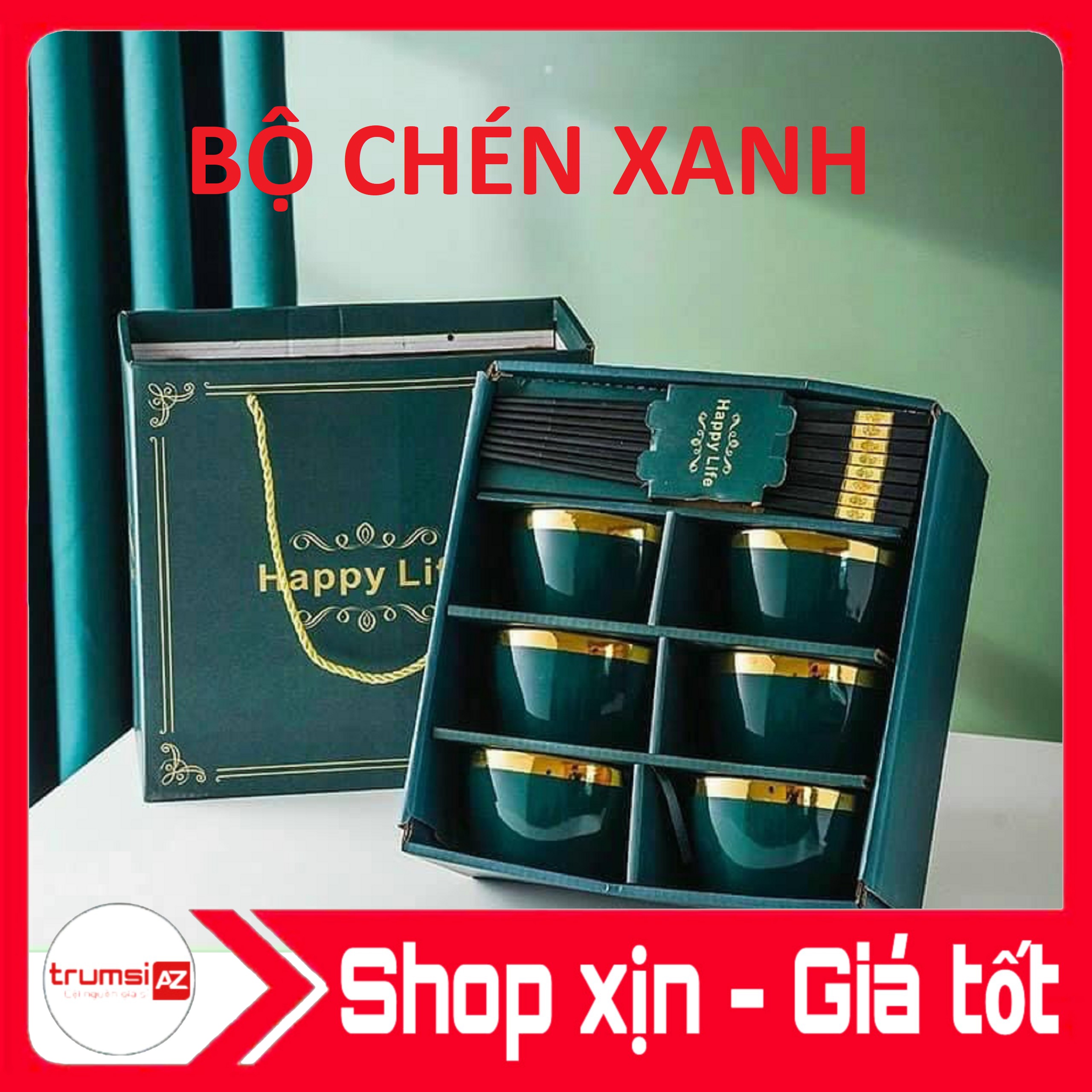 Bộ 6 chén bát xanh ngọc/trắng sứ tặng kèm 6 đôi đũa