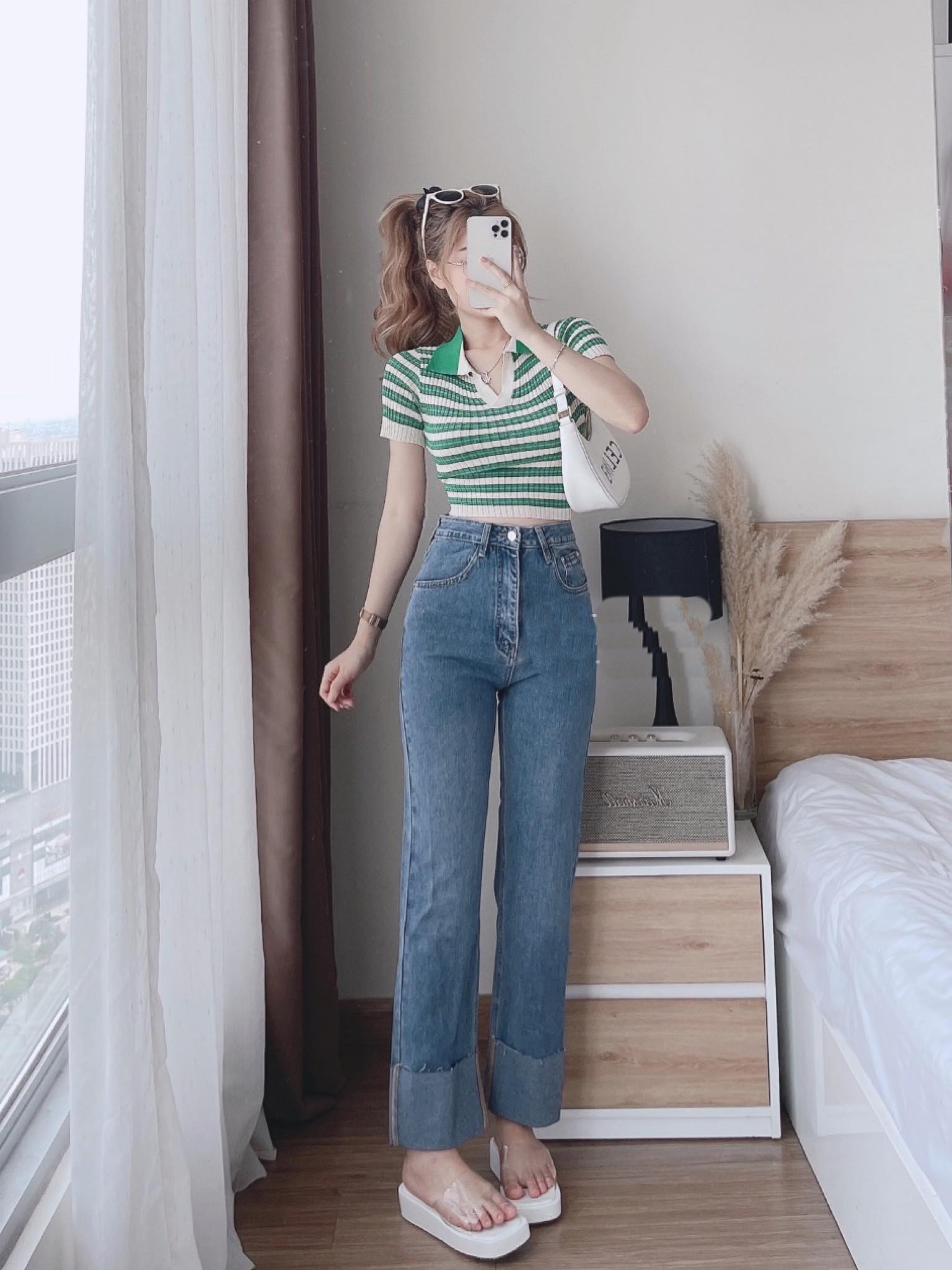 QUẦN  JEANS ỐNG SUÔNG NỮ CO GIÃN LƯNG CAO GẬP GẤU XANH ĐẬM XANH NHẠT XỊN SÒ HADI THỜI TRANG ĐỈNH CAO PHÁ CÁCH