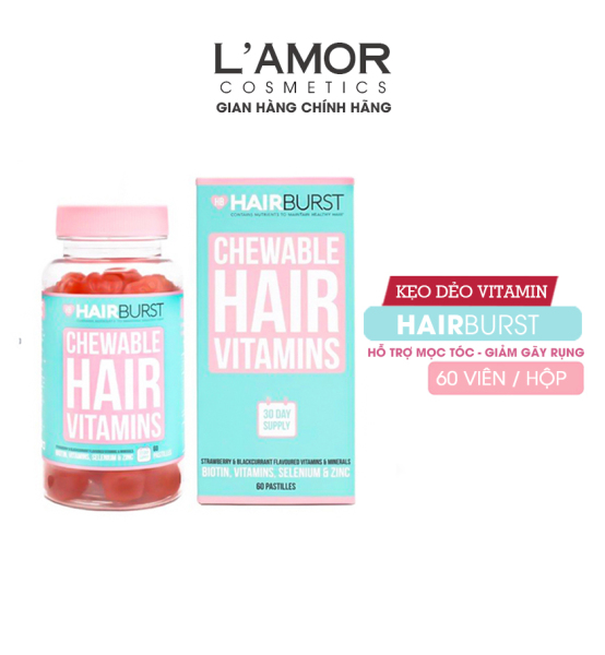 Kẹo Dẻo Làm Phồng, Mọc Tóc Dày Và Dài Hairburst Chewable Hair Vitamin 60 Viên nhập khẩu