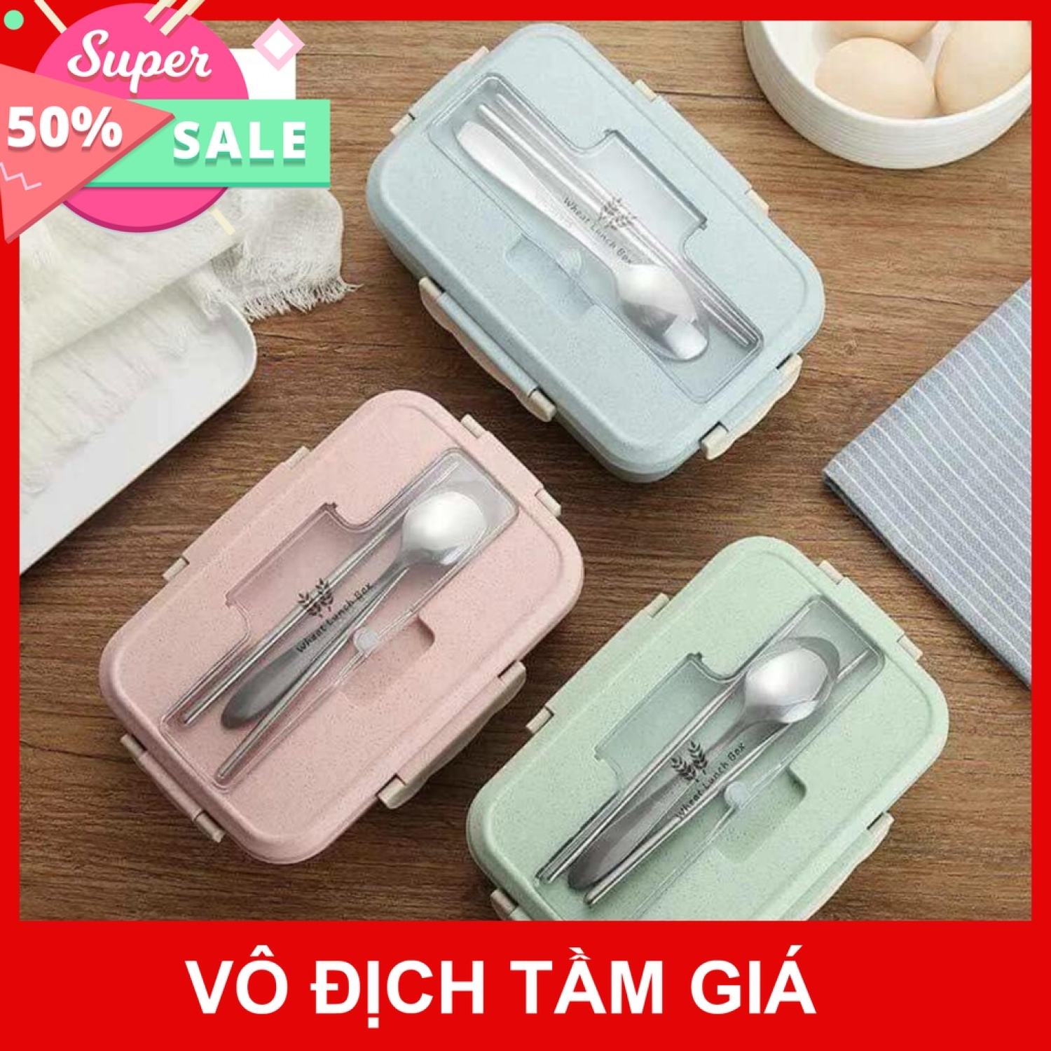 Hộp Cơm Lúa Mạch 3 Ngăn Kèm Đũa Thìa Inox