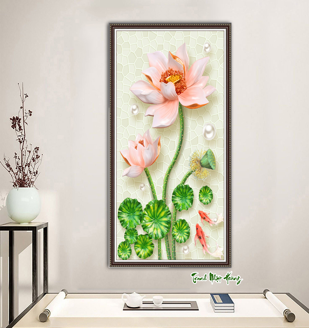 Tranh 3D hoa sen thư pháp dán tường